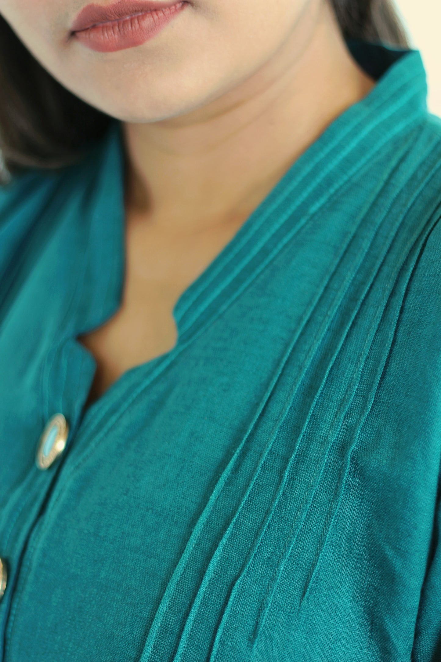 Teal linen top Pakistani Suit with turquoise gem buttons, collar close-up. Warm and comfortable, perfect for fall and winter.