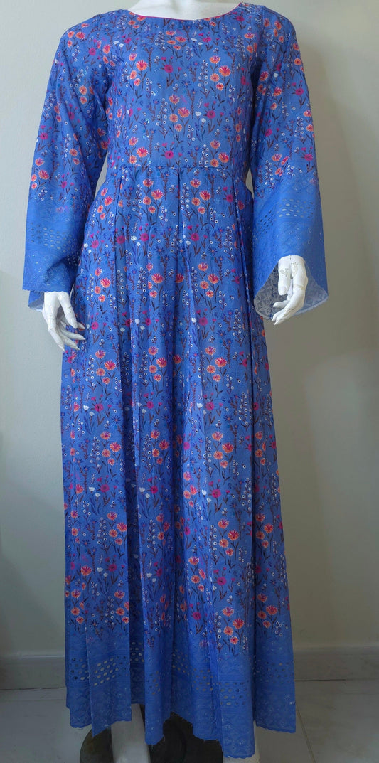 maxi dress in dark dusk blue with a floral pattern. Chikan kari design at the bottom of dress.