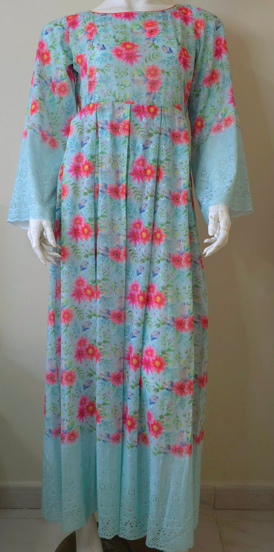 light blue with floral patterns, mostly pink maxi dress with long bell sleeves.