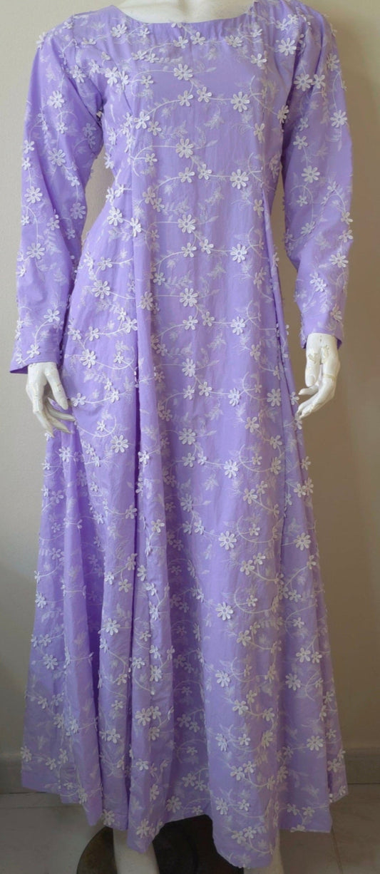 maxi dress lilac purple with white flower embroidery.