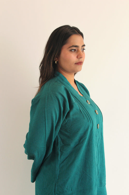 Teal linen top Pakistani Suit with turquoise gem buttons. Warm and comfortable, perfect for fall and winter. 